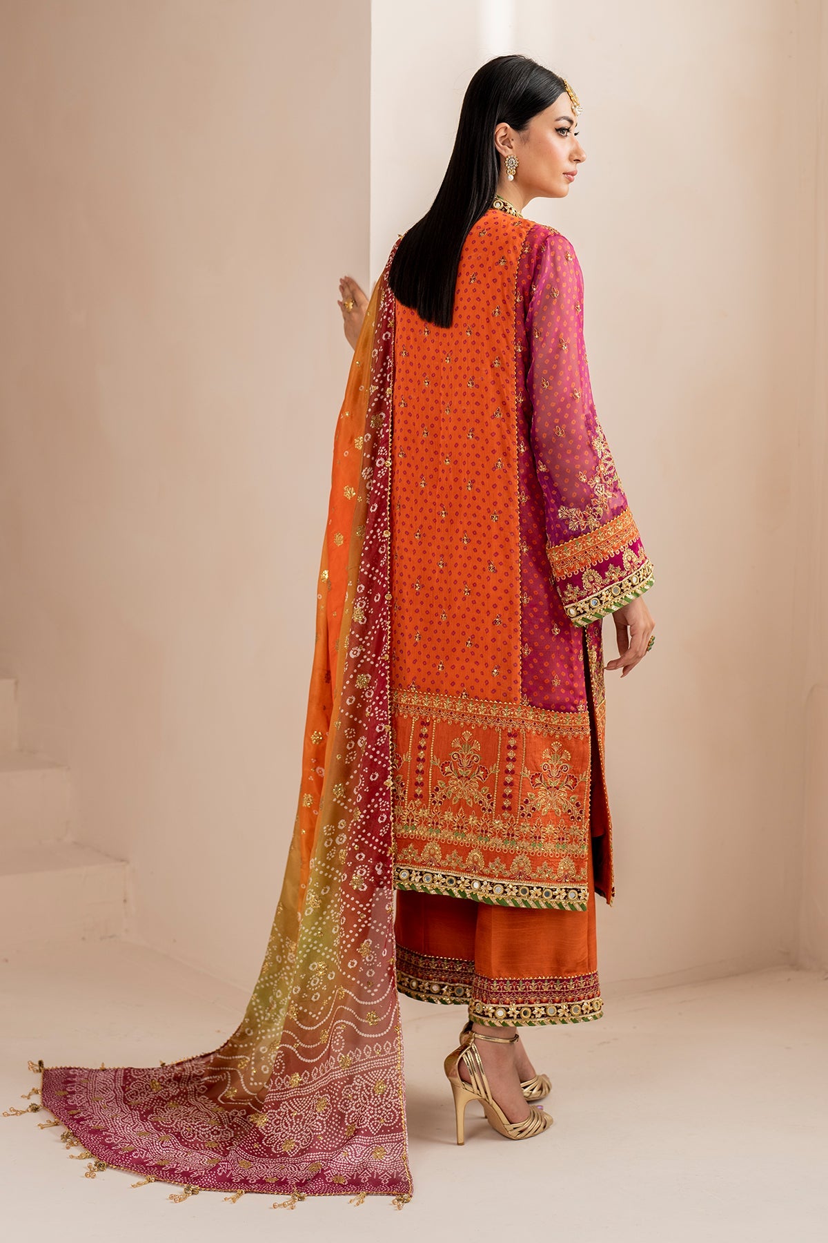 Luxury Chiffon Mehndi Collection | Heavy Embroidered Panelled 3-Piece Suit | Chunri Dupatta & Potli Bag