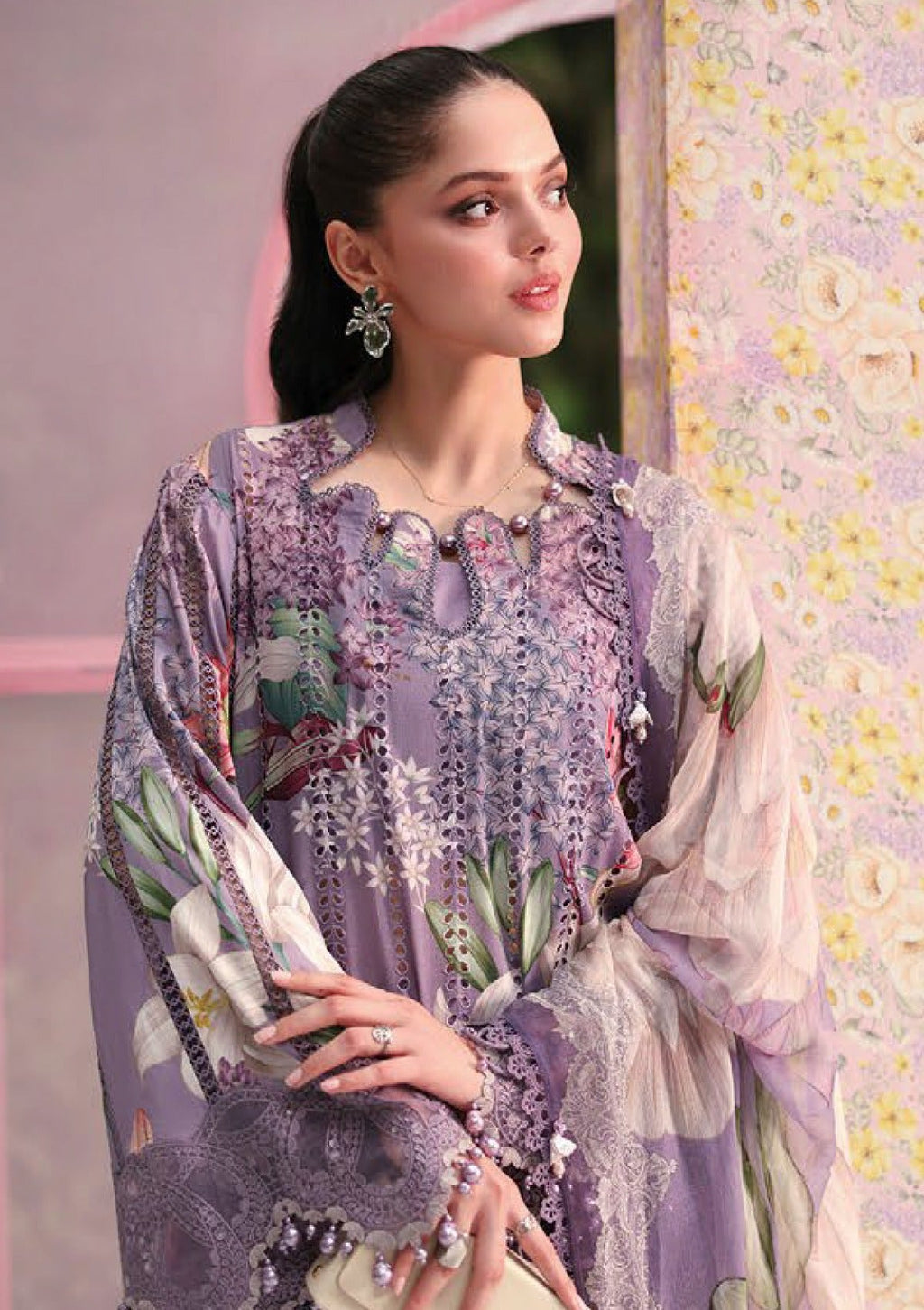 Printed Lawn 2026 | Heavy Schiffli Embroidered Purple Floral 3-Piece Stitched Suit | Spangle Neckline & Chiffon Dupatta
