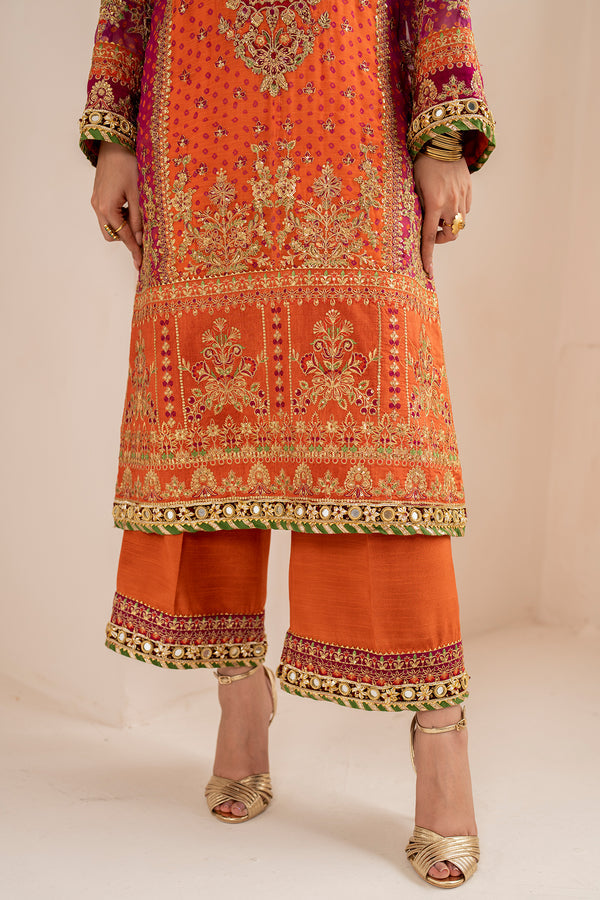 Luxury Chiffon Mehndi Collection | Heavy Embroidered Panelled 3-Piece Suit | Chunri Dupatta & Potli Bag
