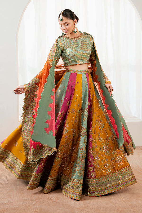 Luxury Silk Bridal Lehenga 2026 | Heavy Embroidered Multicolor Mehndi 3-Piece Set | Organza Dupatta & Clutch
