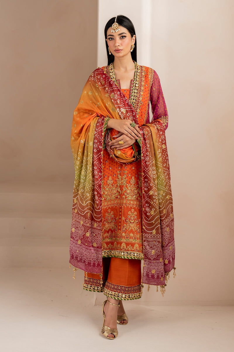 Luxury Chiffon Mehndi Collection | Heavy Embroidered Panelled 3-Piece Suit | Chunri Dupatta & Potli Bag