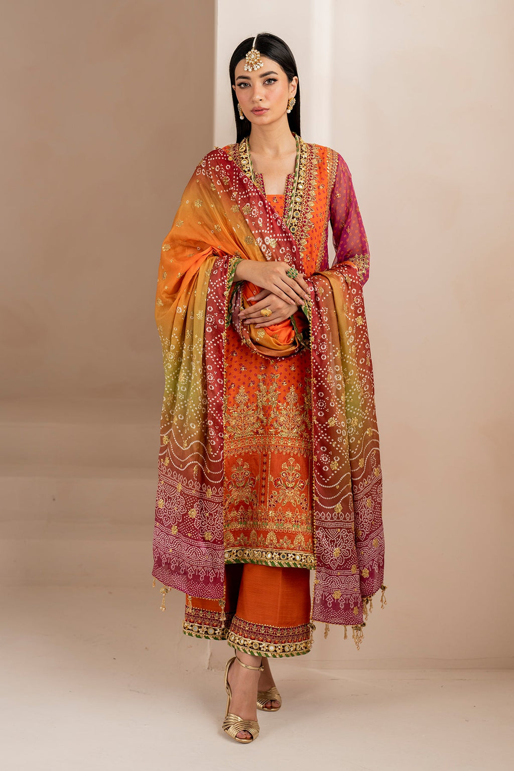 Luxury Chiffon Mehndi Collection | Heavy Embroidered Panelled 3-Piece Suit | Chunri Dupatta & Potli Bag