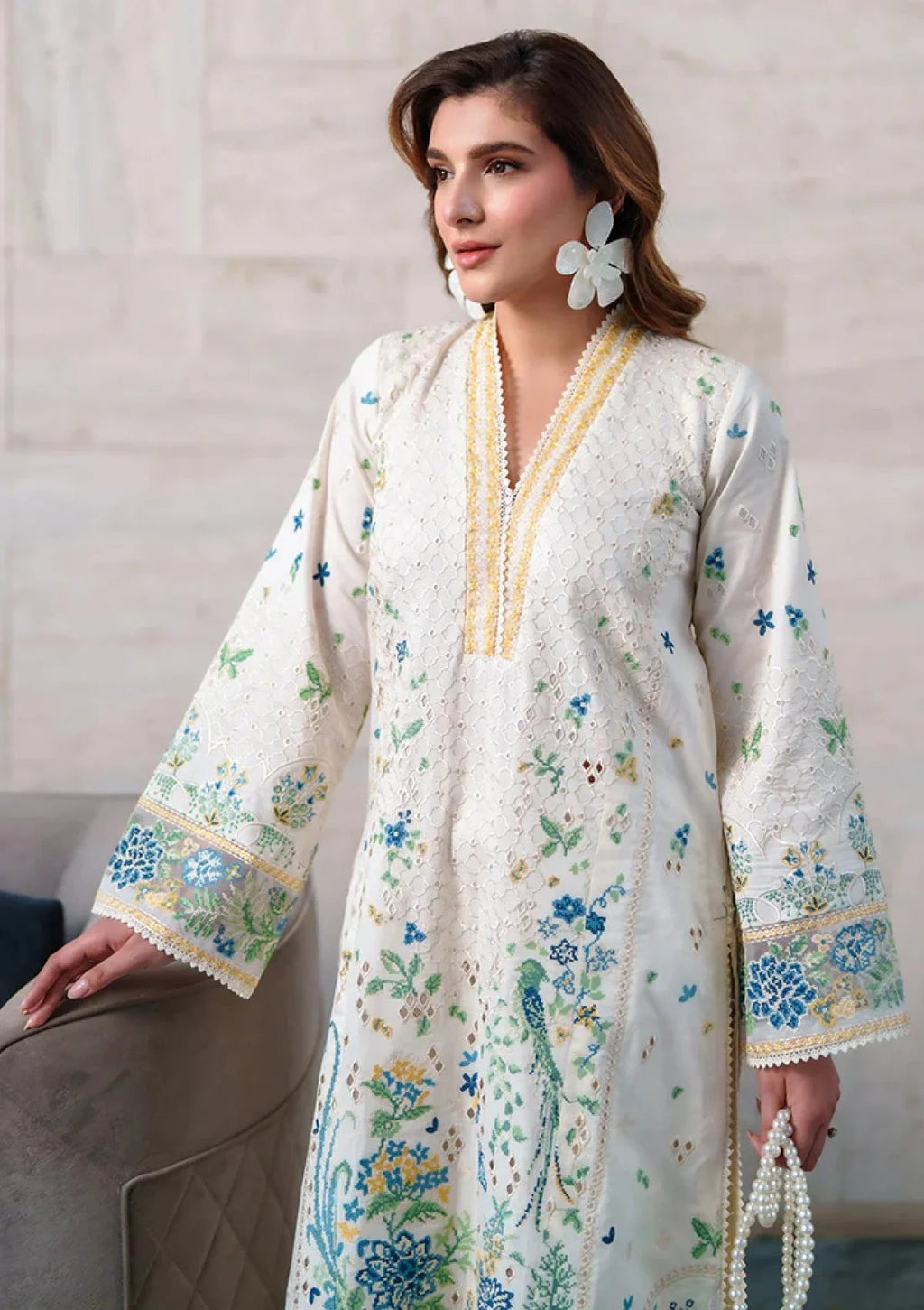 Off-White Embroidered Chikankari Lawn Suit with Silk Dupatta | RTW