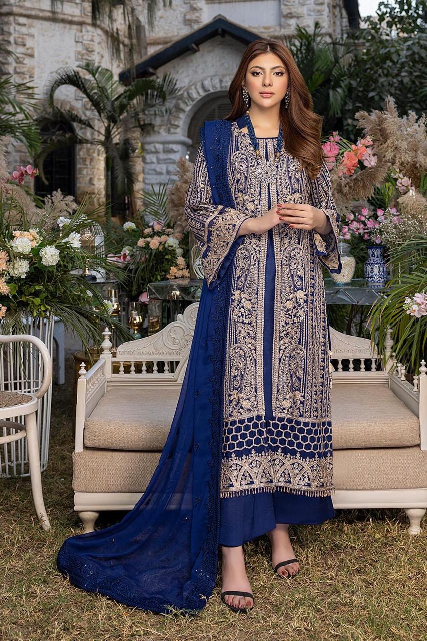 Semi Pure Chiffon Royal Blue Sequence Embroidered 3-Piece Suit | Dyed Malai Trouser &amp; Inner