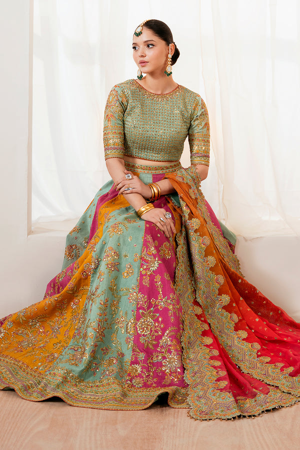 Luxury Silk Bridal Lehenga 2026 | Heavy Embroidered Multicolor Mehndi 3-Piece Set | Organza Dupatta & Clutch