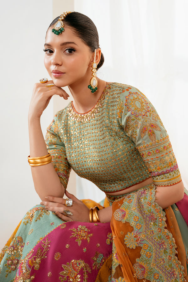 Luxury Silk Bridal Lehenga 2026 | Heavy Embroidered Multicolor Mehndi 3-Piece Set | Organza Dupatta & Clutch