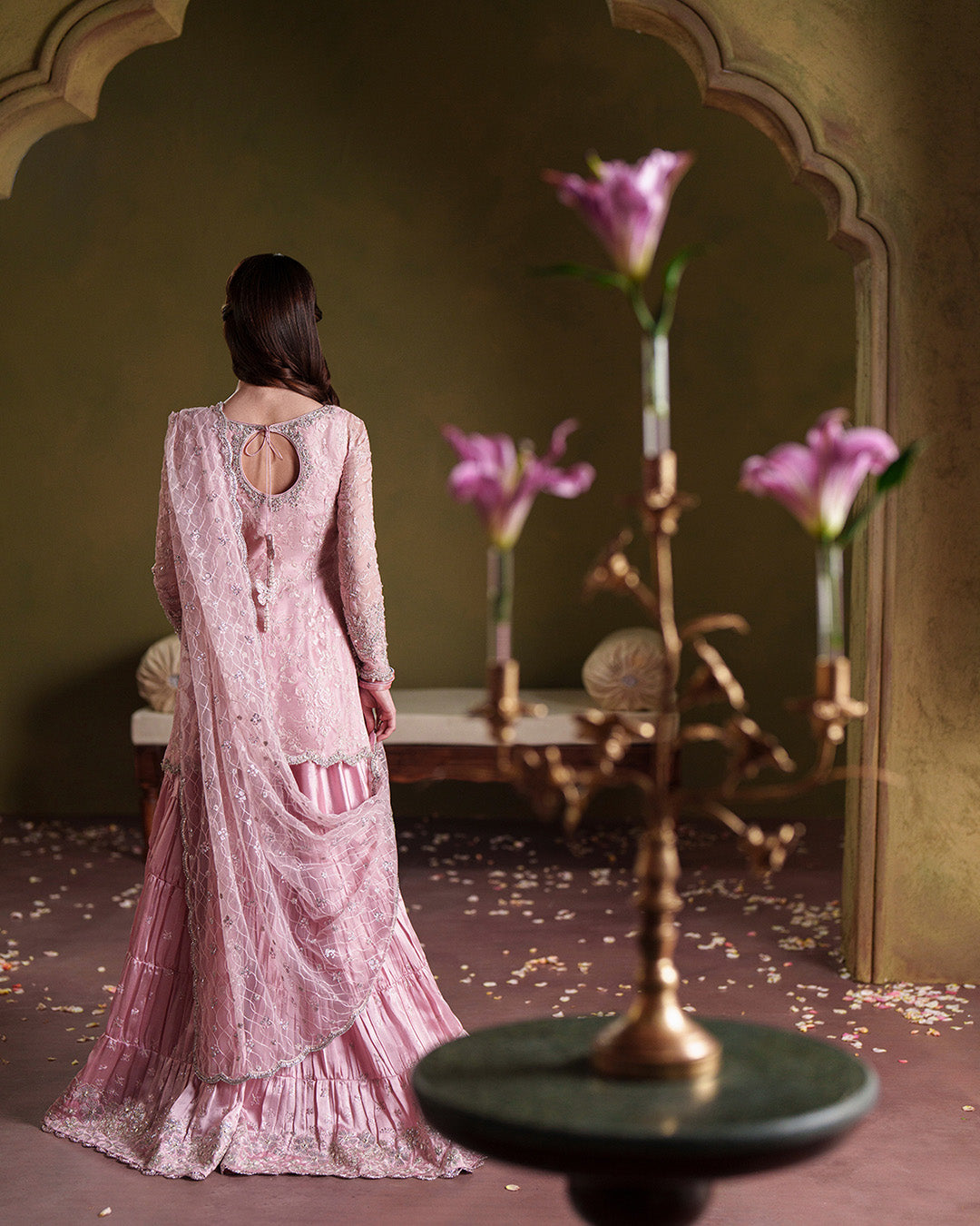 Pink Chiffon Gharara Set with Potli Pouch |Ready to Wear
