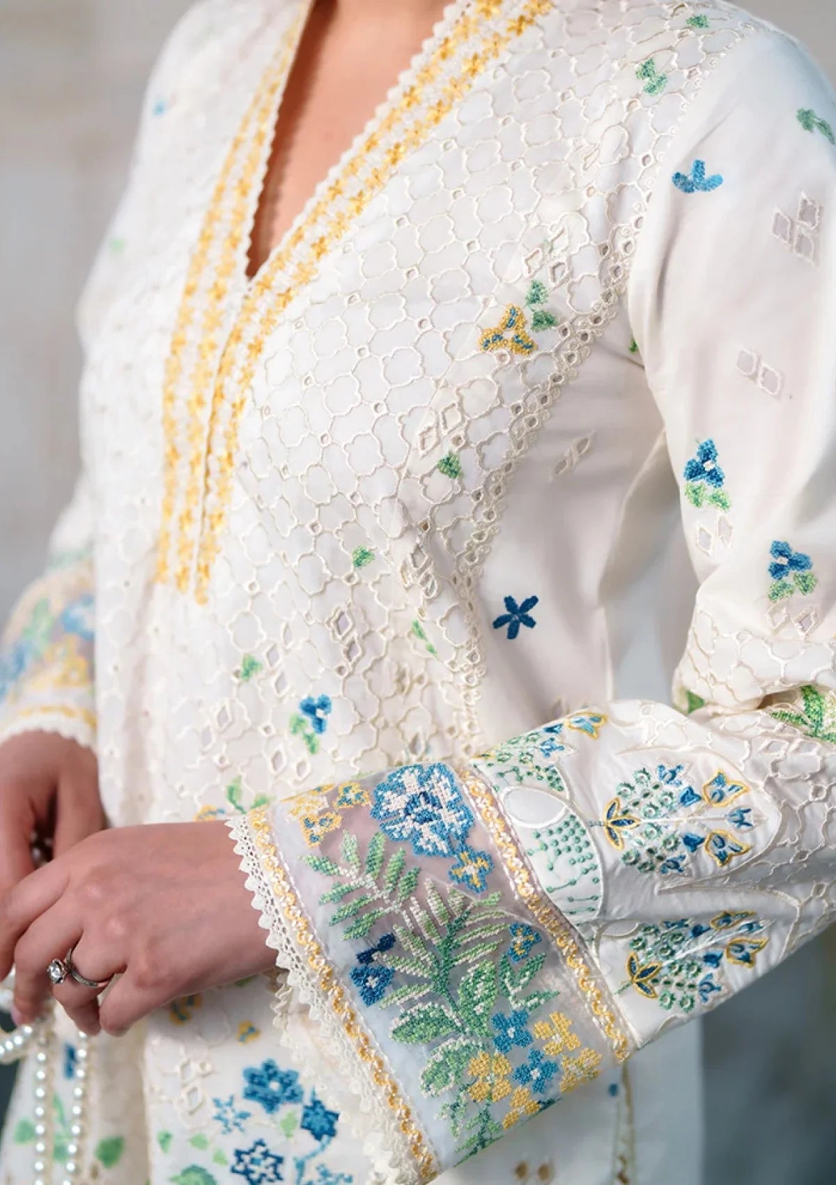 Off-White Embroidered Chikankari Lawn Suit with Silk Dupatta | RTW