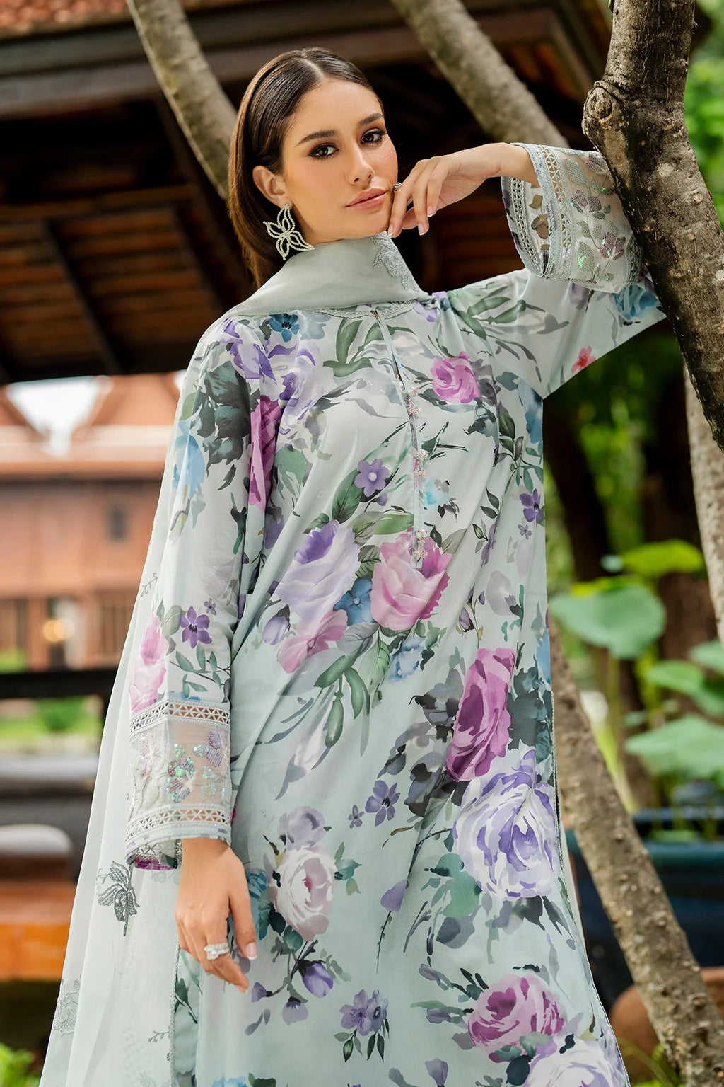 Mint Green Floral Printed Lawn Suit with Organza Dupatta | RTW