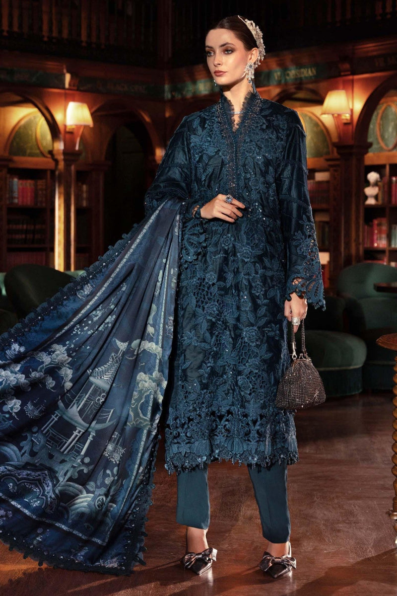 Teal Blue Velvet Long Shirt Embroidered Festive Suit |RTW