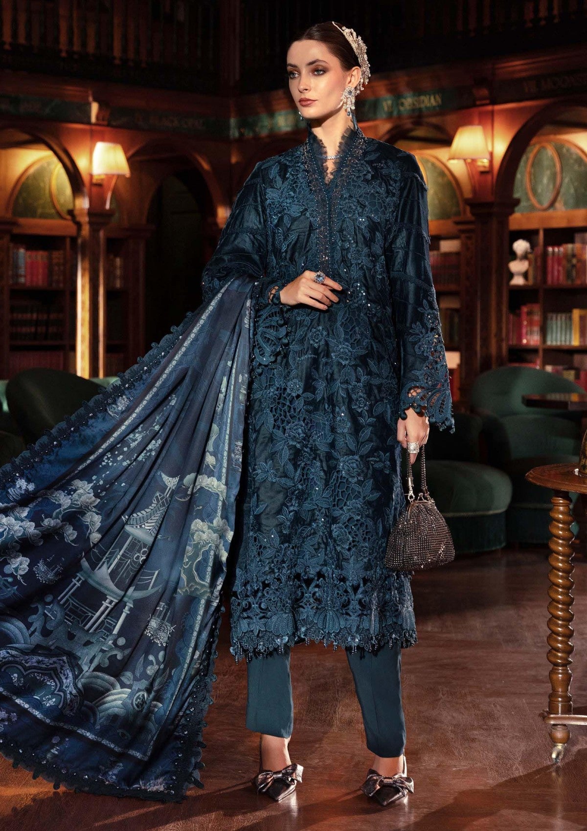Teal Blue Velvet Long Shirt Embroidered Festive Suit |RTW