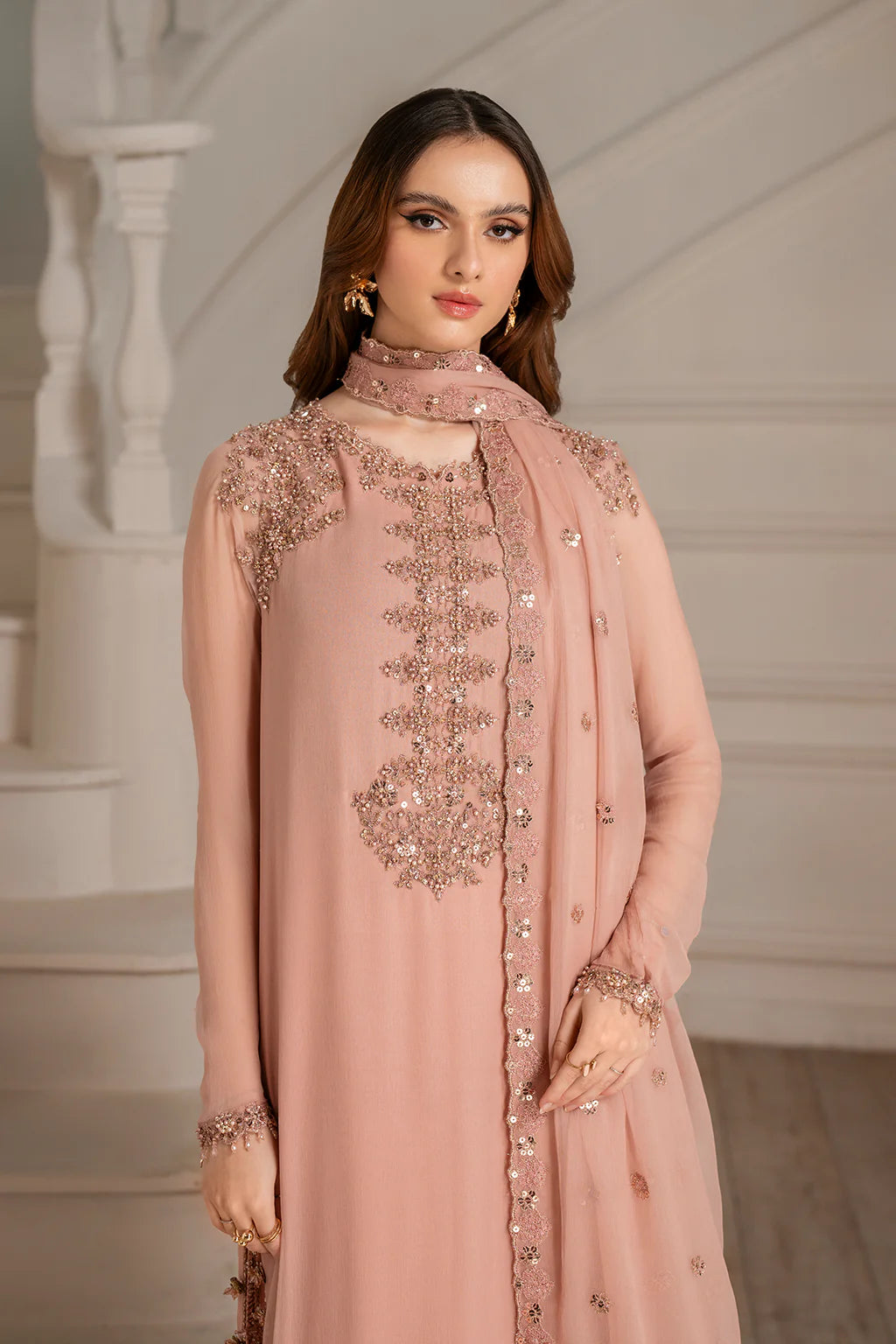 Peach Crystal Elegance - Embellished Formal Suit | Ready To Wear