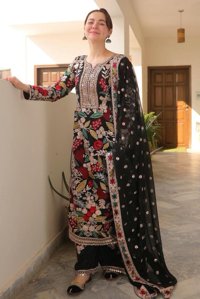 Luxury Black Heavily Embroidered Chiffon 3-Piece Formal Suit | RTW