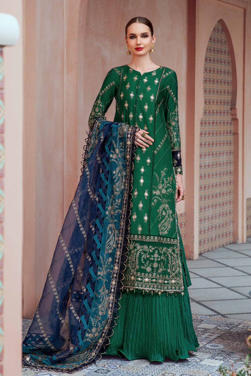 Emerald Green Embroidered Suit with Navy Blue Dupatta | Ready to Wear