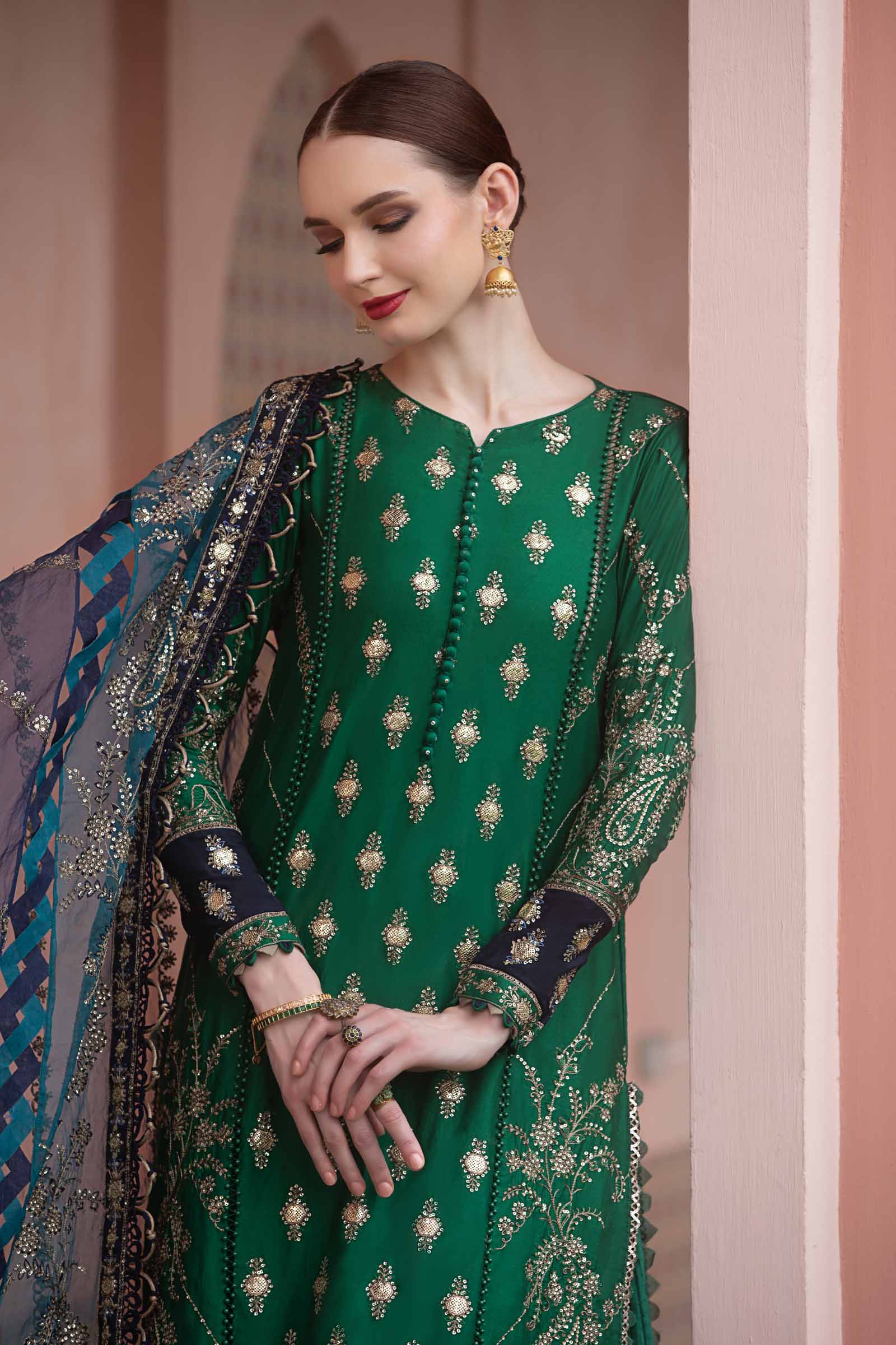 Emerald Green Embroidered Suit with Navy Blue Dupatta | Ready to Wear