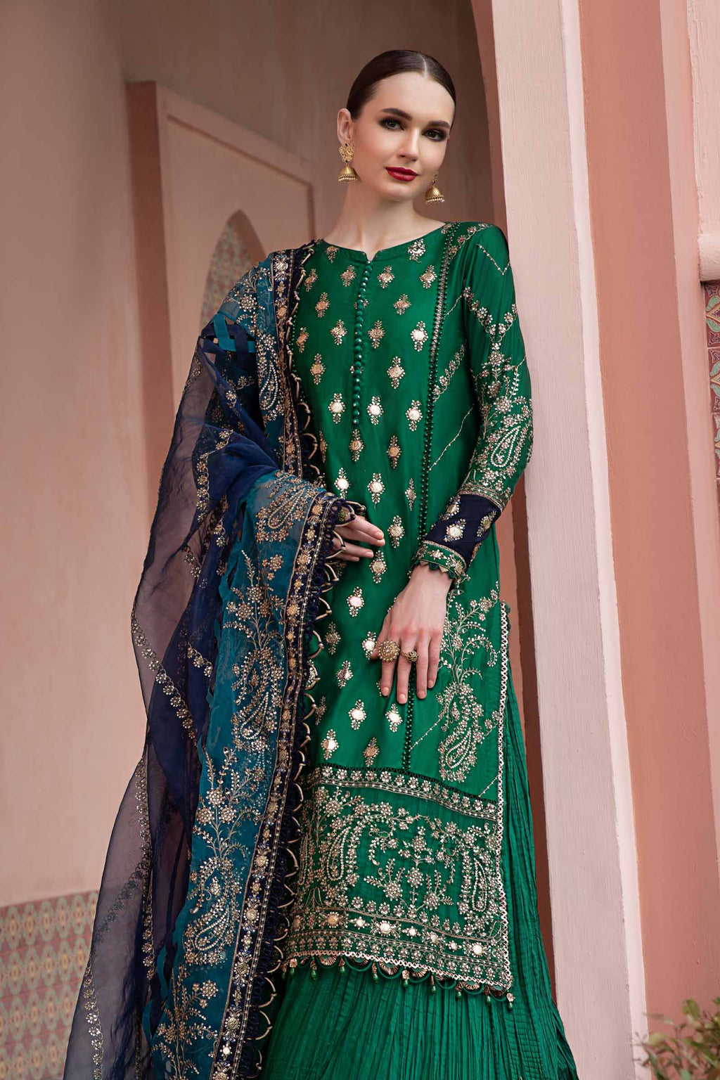 Emerald Green Embroidered Suit with Navy Blue Dupatta | Ready to Wear