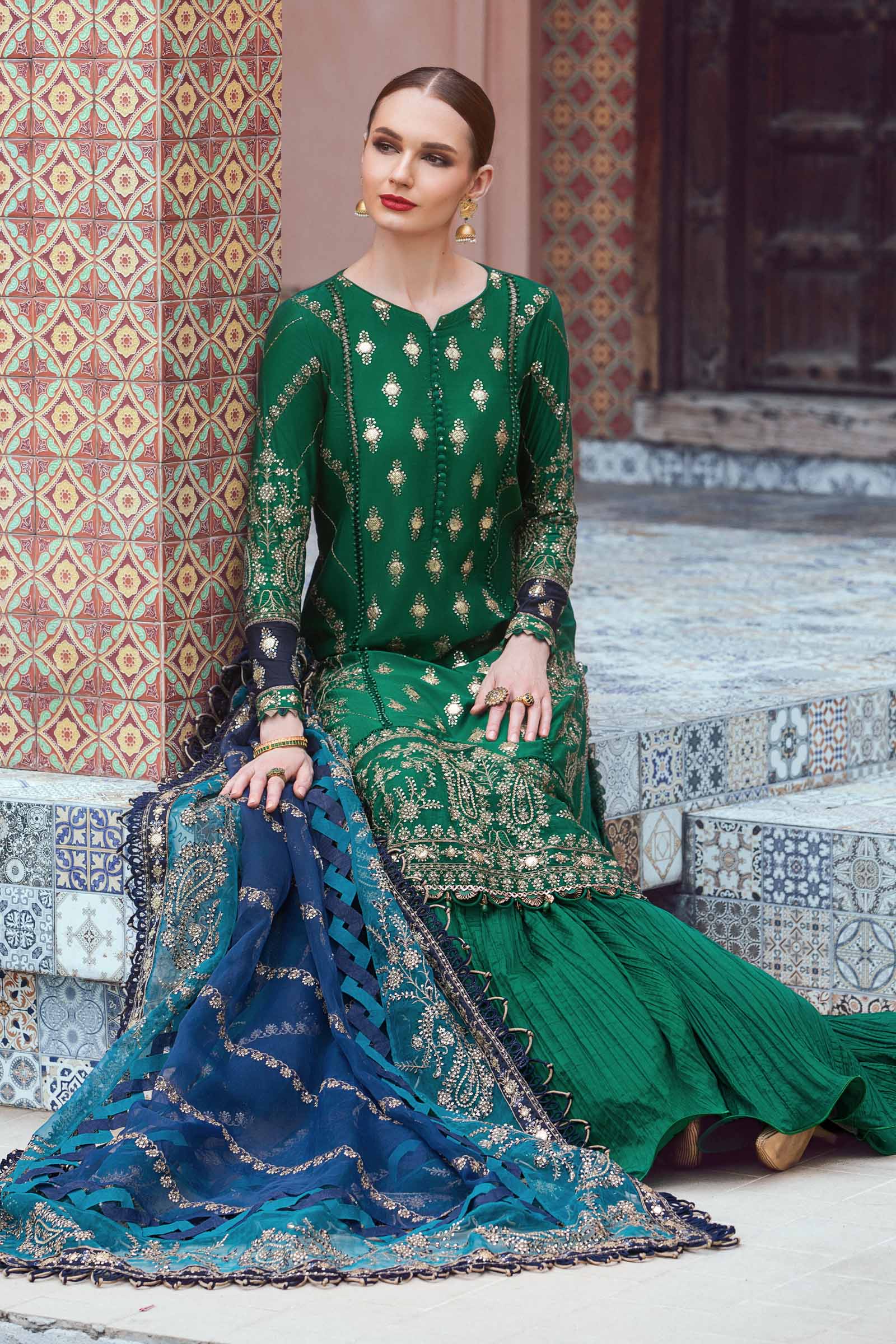 Emerald Green Embroidered Suit with Navy Blue Dupatta | Ready to Wear