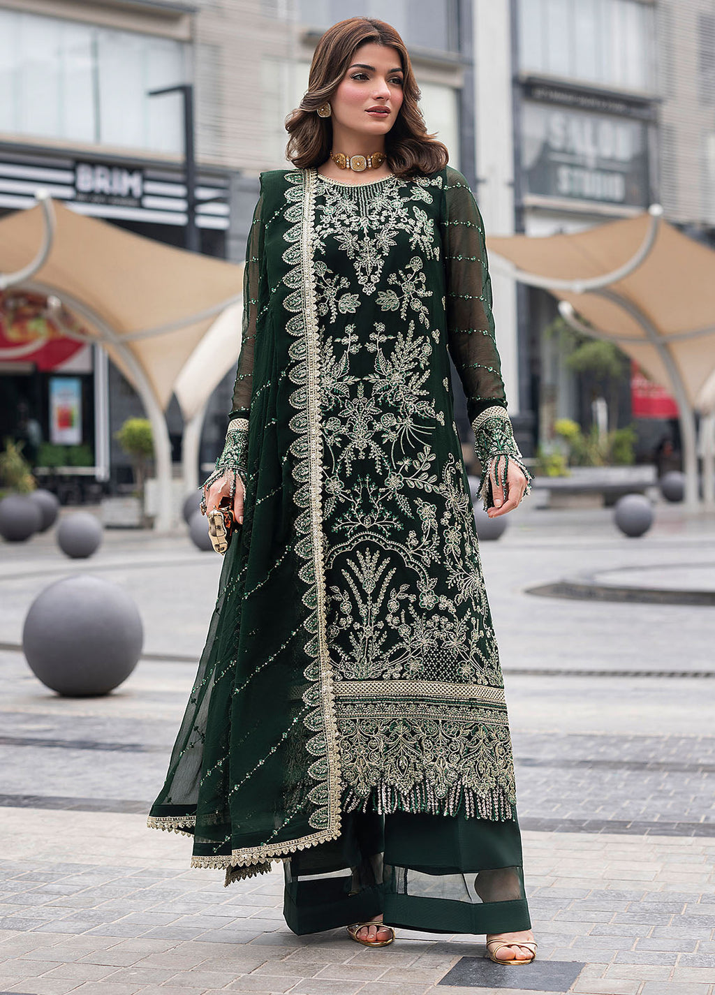 Dark Green Sequence Embroidered Semi Pure Chiffon Suit | Ready to Wear