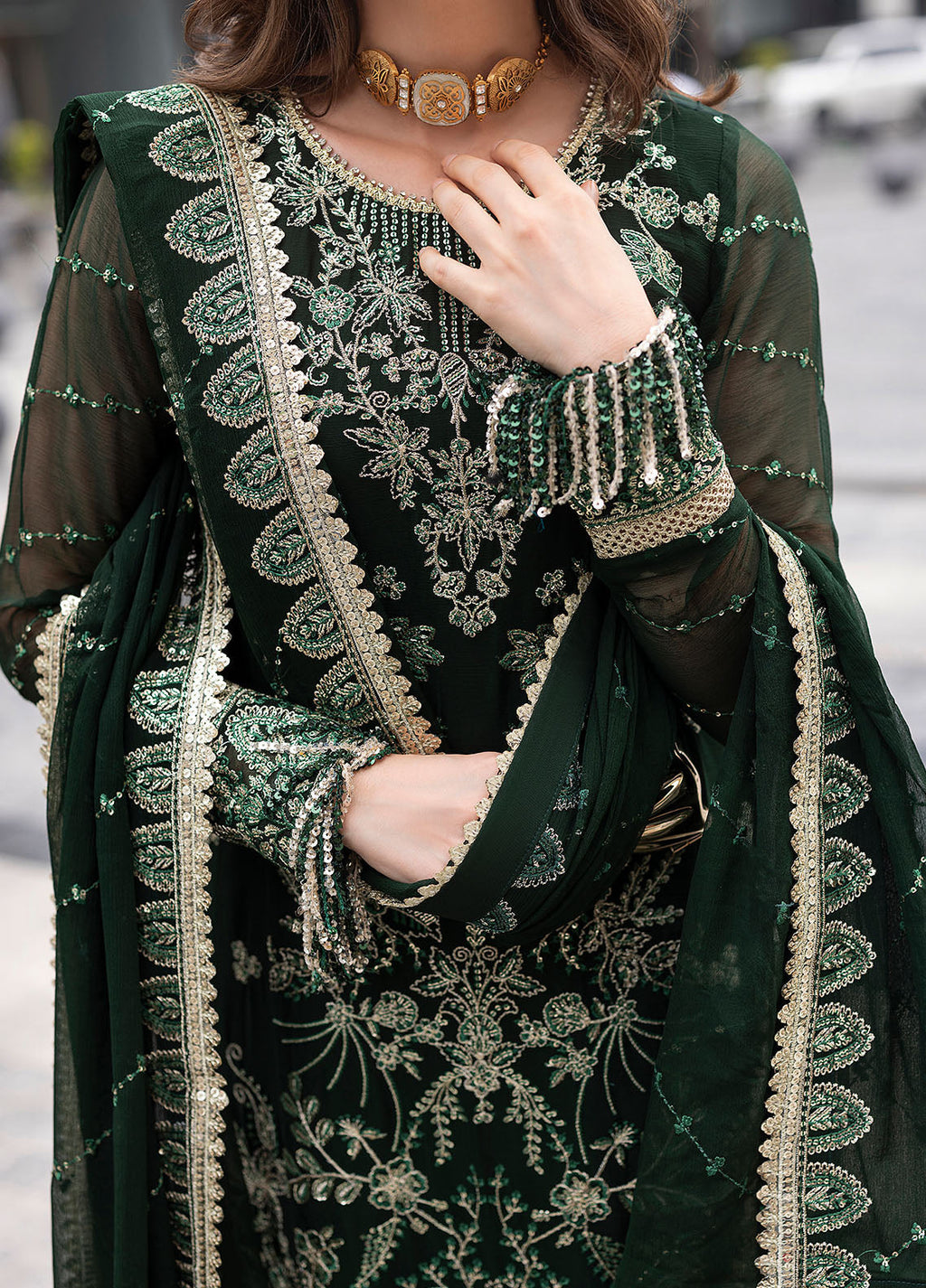 Dark Green Sequence Embroidered Semi Pure Chiffon Suit | Ready to Wear