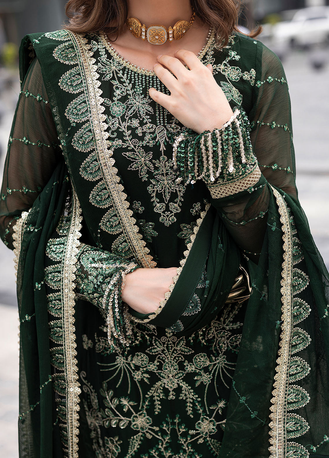 Dark Green Sequence Embroidered Semi Pure Chiffon Suit | Ready to Wear