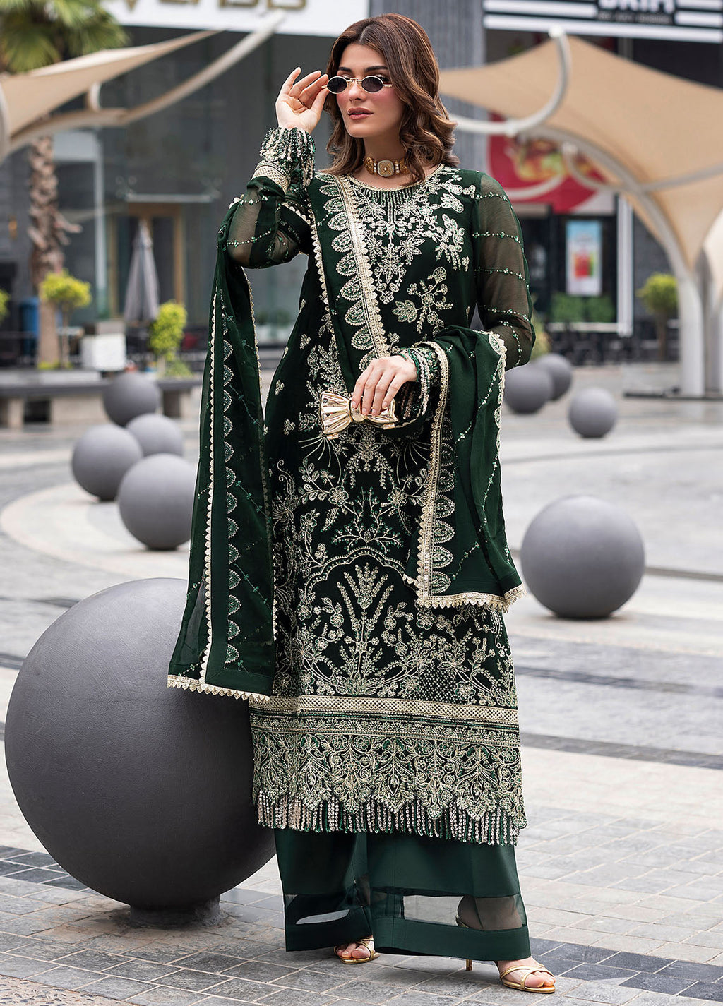 Dark Green Sequence Embroidered Semi Pure Chiffon Suit | Ready to Wear