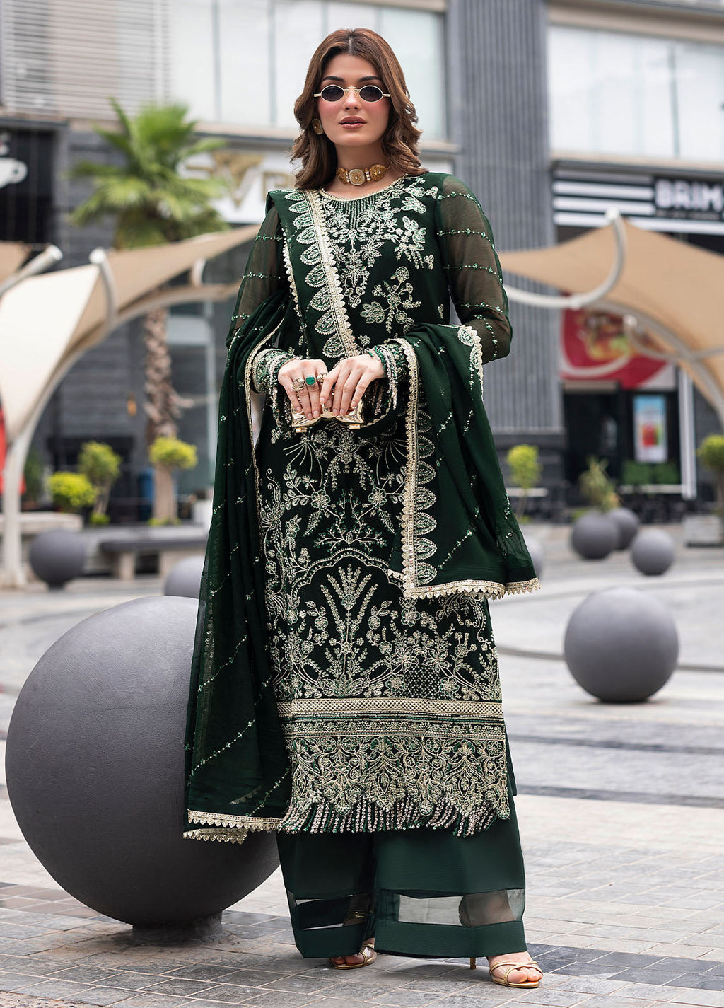 Dark Green Sequence Embroidered Semi Pure Chiffon Suit | Ready to Wear