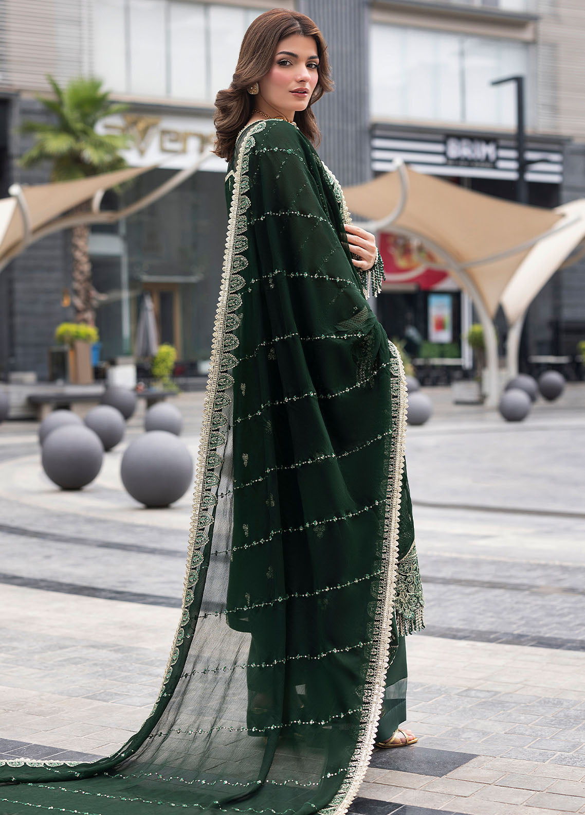 Dark Green Sequence Embroidered Semi Pure Chiffon Suit | Ready to Wear