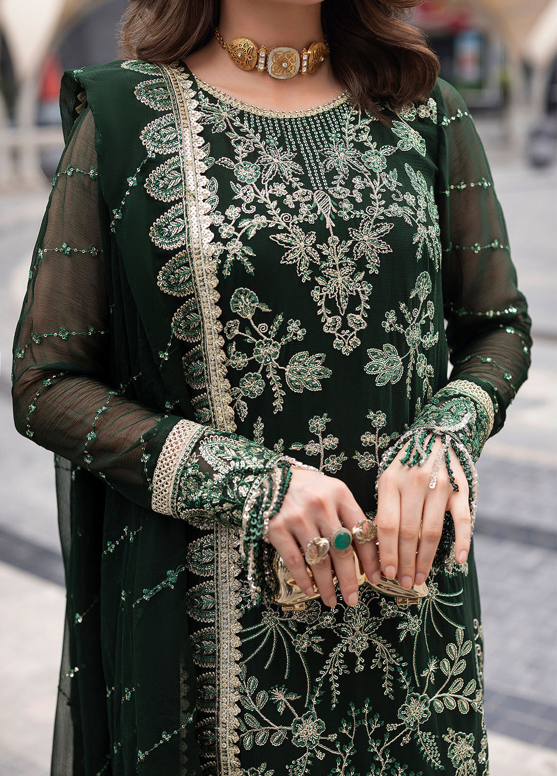 Dark Green Sequence Embroidered Semi Pure Chiffon Suit | Ready to Wear