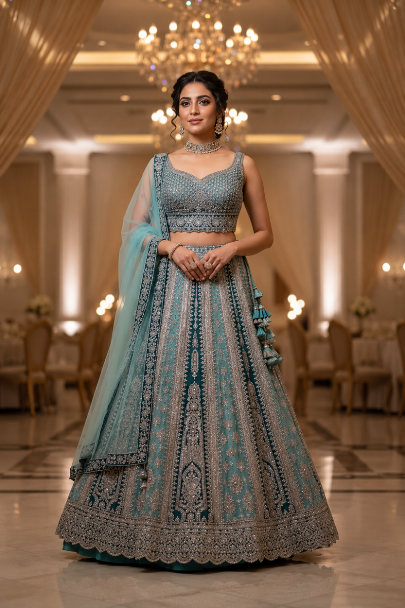 Luxury Raw Silk Lehenga 2026 | Heavy Sequin Embroidered Teal 3-Piece Bridal Suit | 16 Kali Lehnga & Net Dupatta