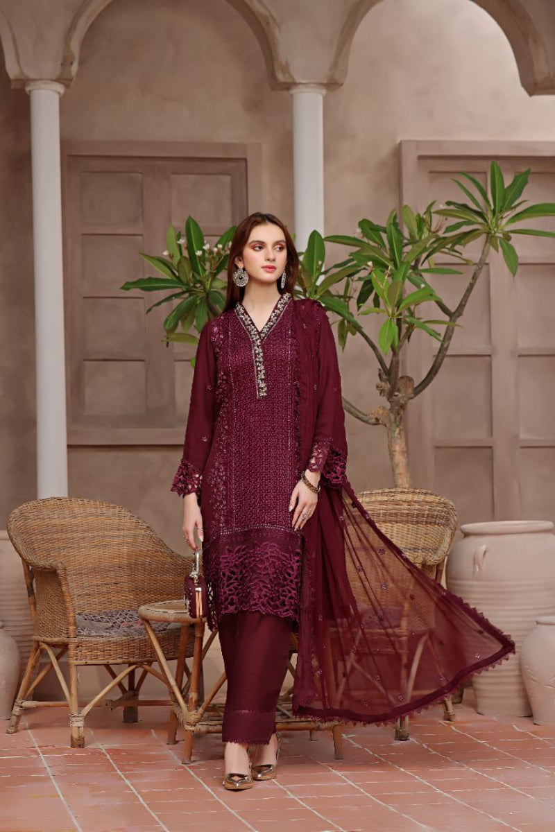 Deep Plum Sequence Embroidered Chiffon Suit |Ready to Wear