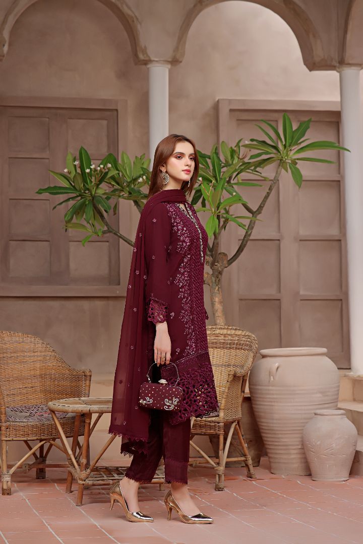 Deep Plum Sequence Embroidered Chiffon Suit |Ready to Wear