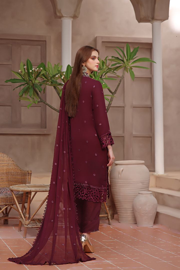 Deep Plum Sequence Embroidered Chiffon Suit |Ready to Wear