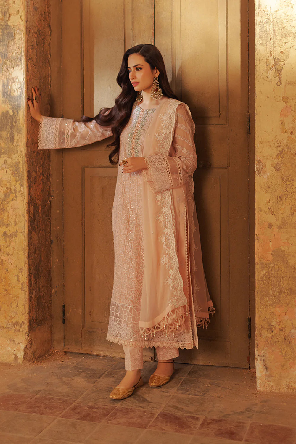 Blush Pink Semi Pure Chiffon Ready to Wear Festive Suit