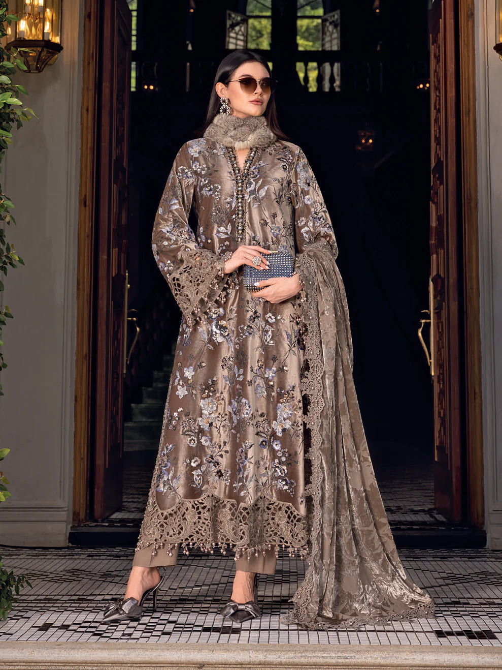Taupe Micro 9000 Velvet Embroidered Festive Suit  | RTW