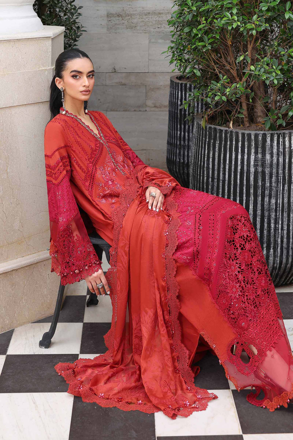 Rust Red Embroidered Chikankari Lawn Suit |Ready to Wear