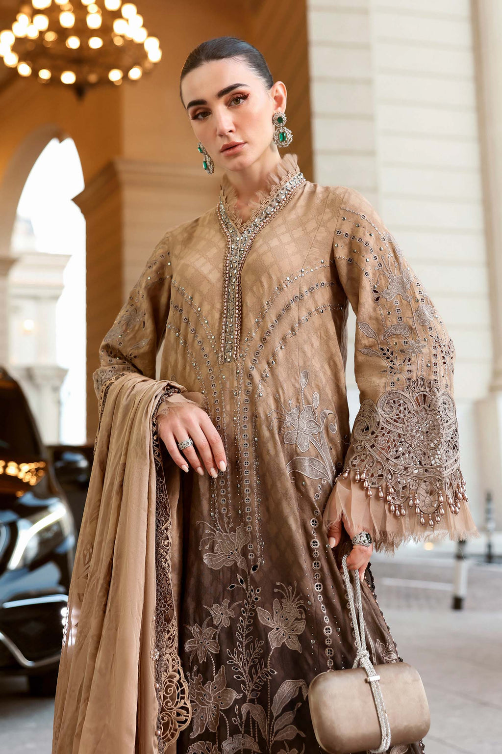 Brown Ombre Printed Lawn Suit | Heavy Schiffli & Spangle Embroidery