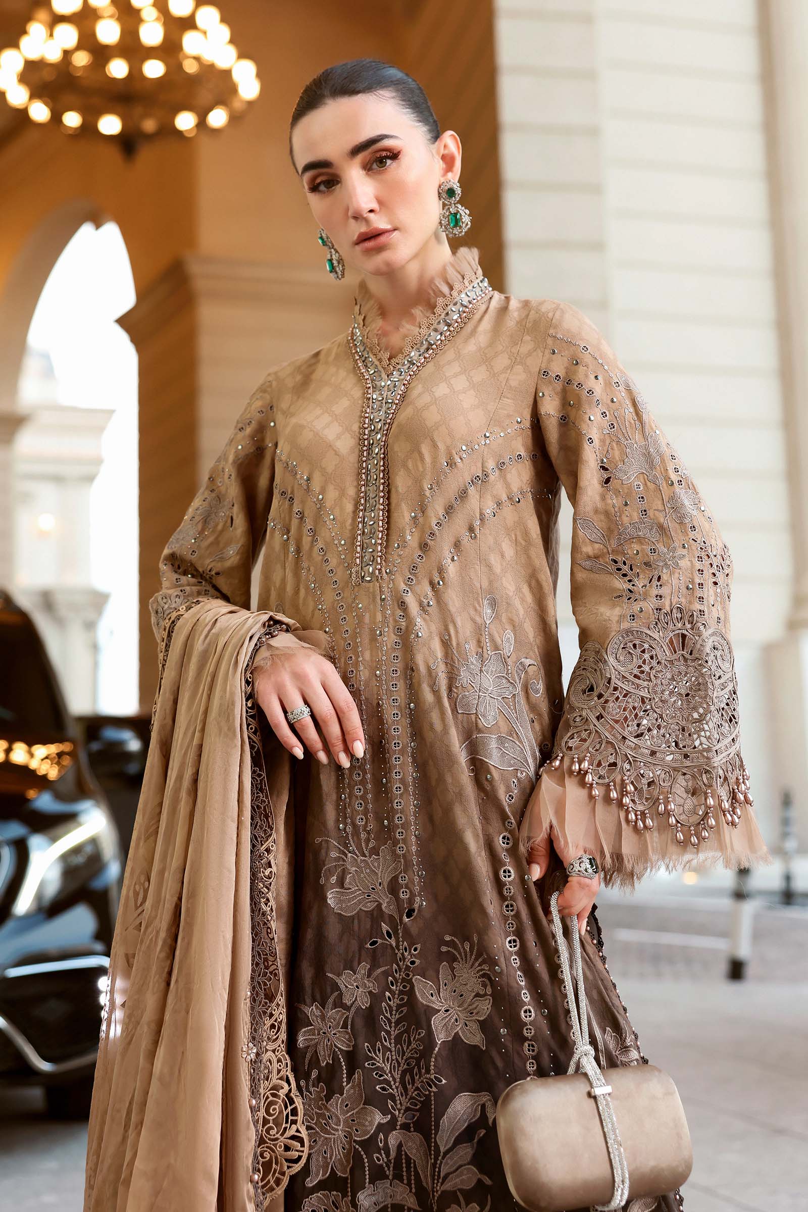 Brown Ombre Printed Lawn Suit | Heavy Schiffli & Spangle Embroidery