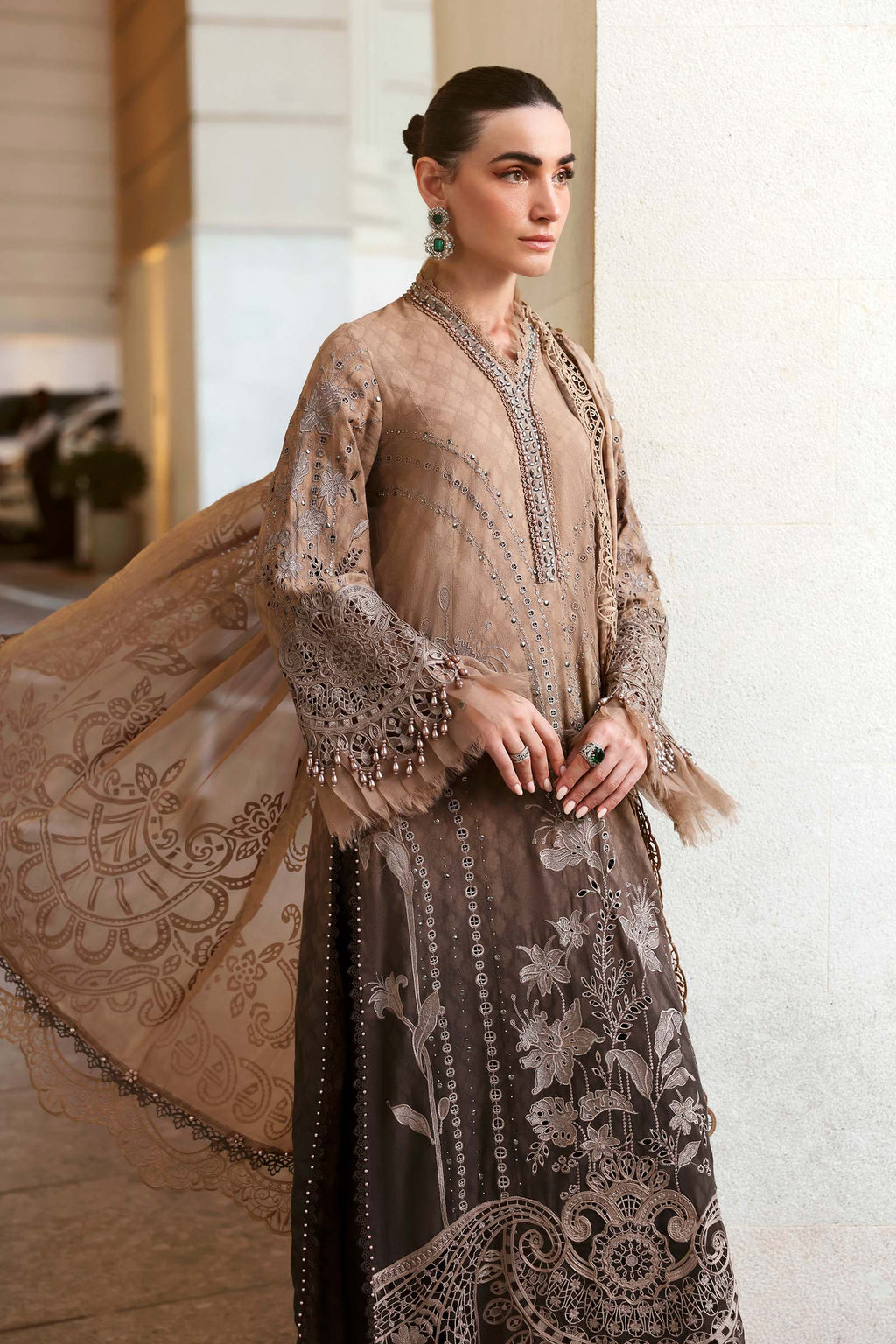 Brown Ombre Printed Lawn Suit | Heavy Schiffli & Spangle Embroidery