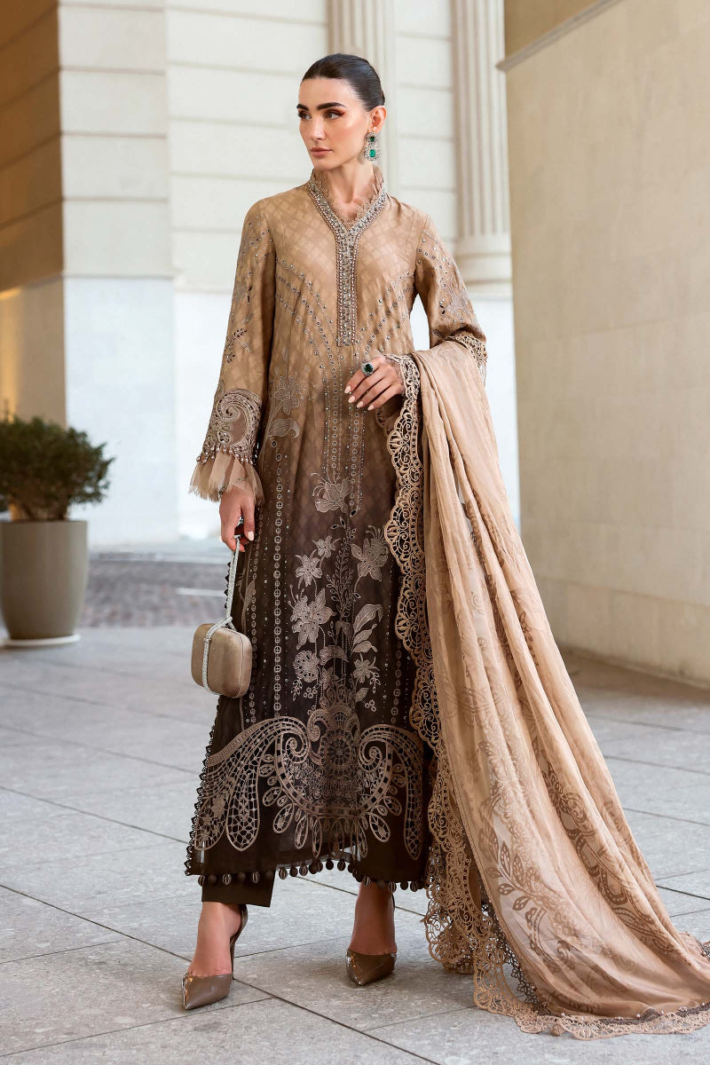 Brown Ombre Printed Lawn Suit | Heavy Schiffli & Spangle Embroidery