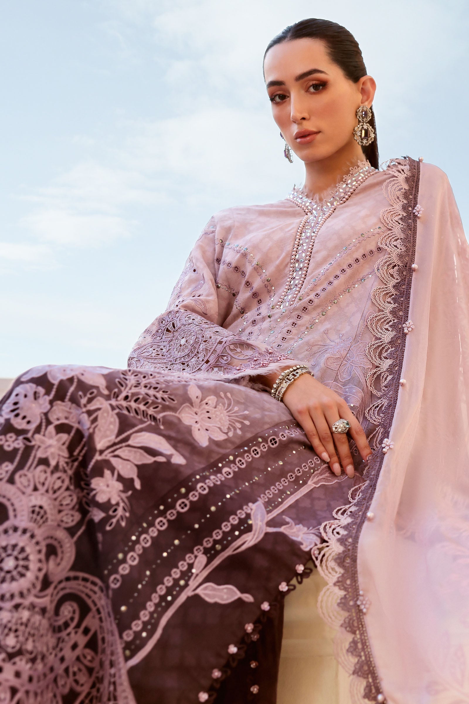 Lavender Printed Luxury Lawn Suit | Heavy Schiffli & Sequin Embroidery