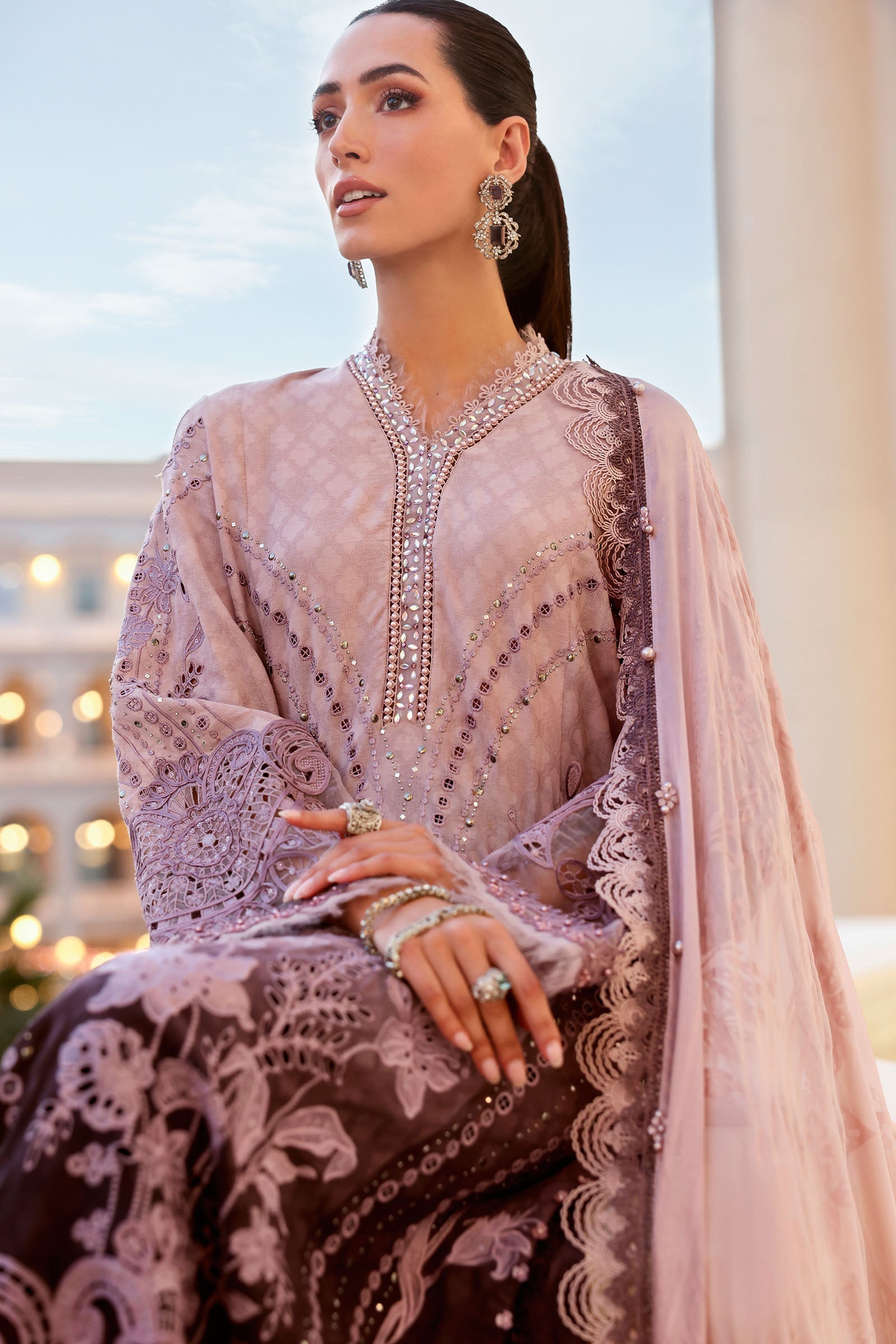 Lavender Printed Luxury Lawn Suit | Heavy Schiffli & Sequin Embroidery