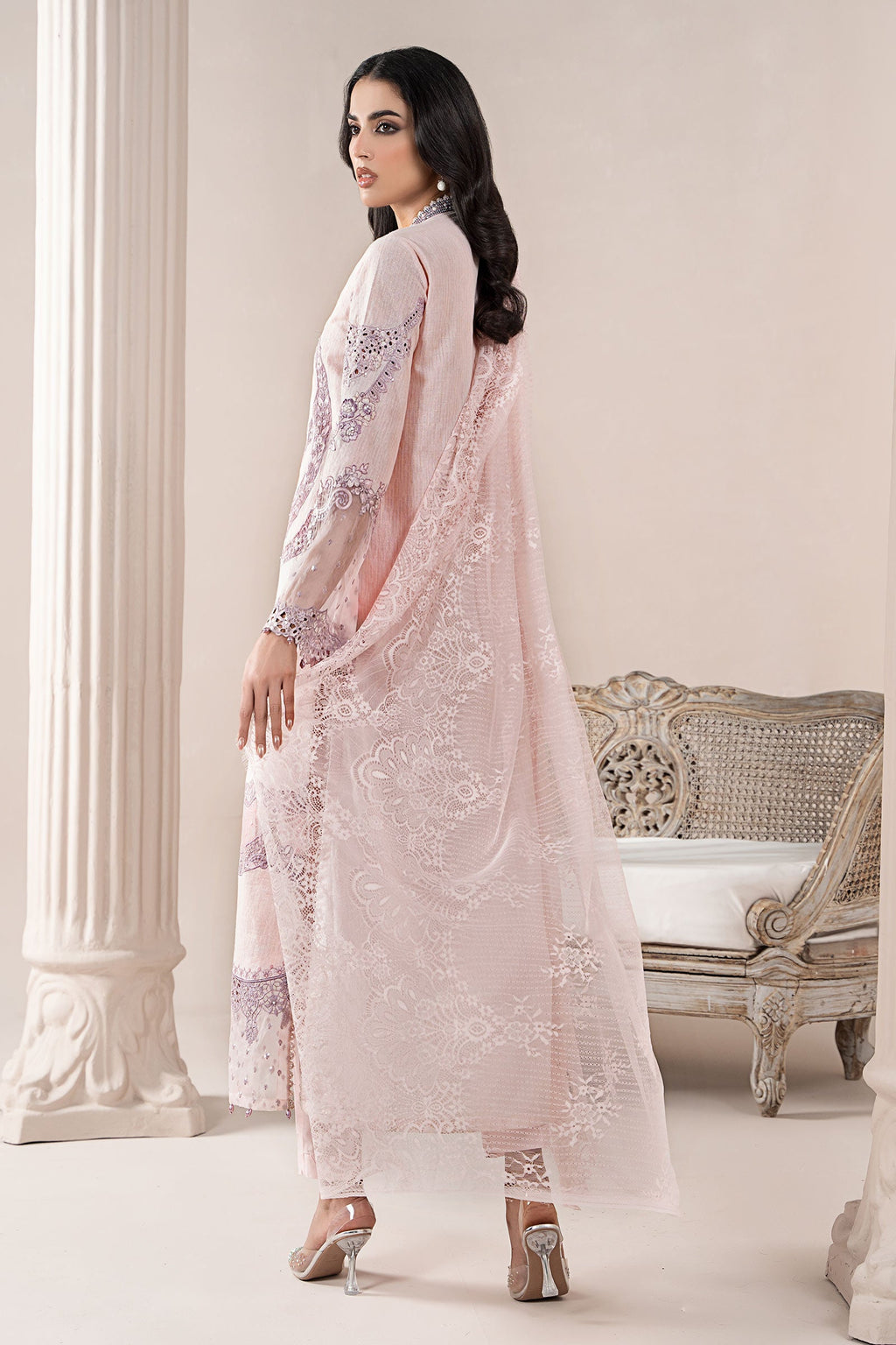 Heavy Chikankari Embroidered Blush Pink Lawn 3-Piece Suit | Khaddi Net Dupatta with Pallu