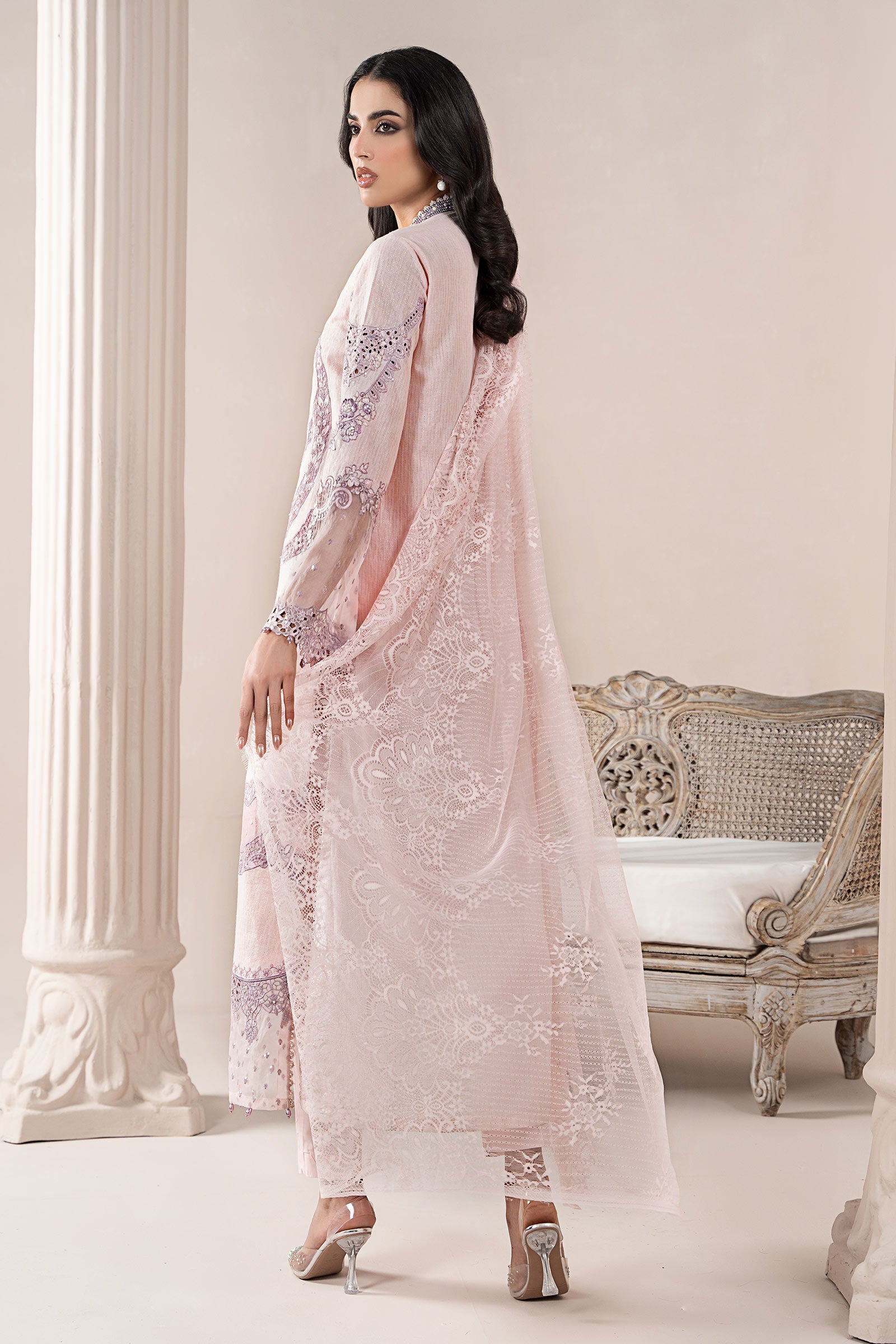Heavy Chikankari Embroidered Blush Pink Lawn 3-Piece Suit | Khaddi Net Dupatta with Pallu