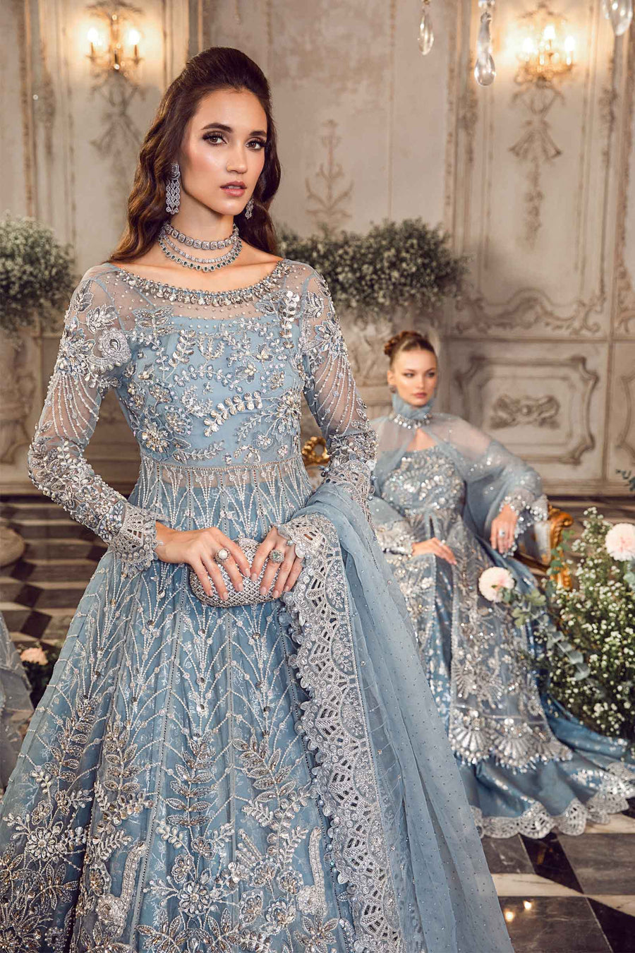 Icy Blue Heavy Embroidered Bridal Qasab Net Suit |Ready to Wear