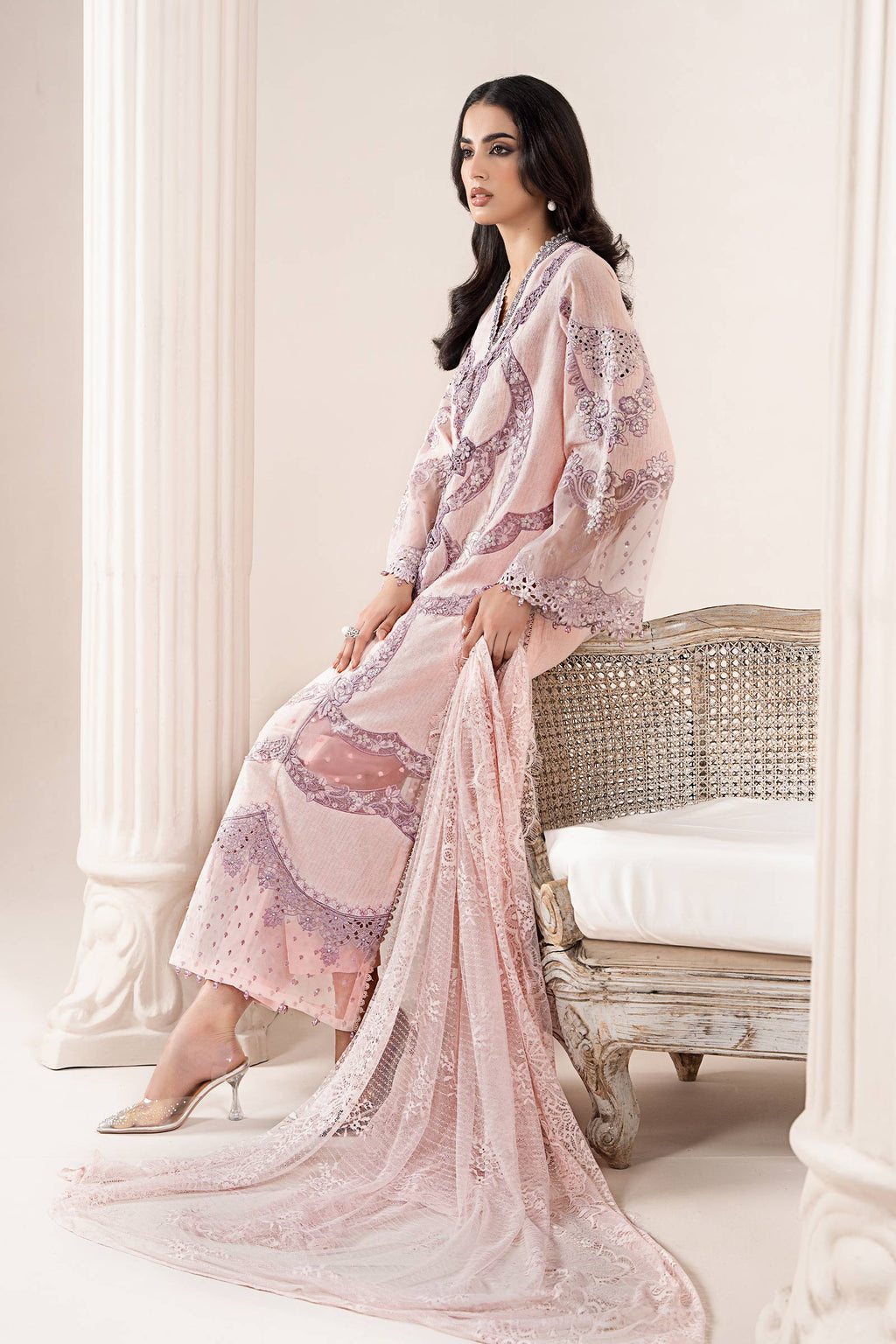 Heavy Chikankari Embroidered Blush Pink Lawn 3-Piece Suit | Khaddi Net Dupatta with Pallu