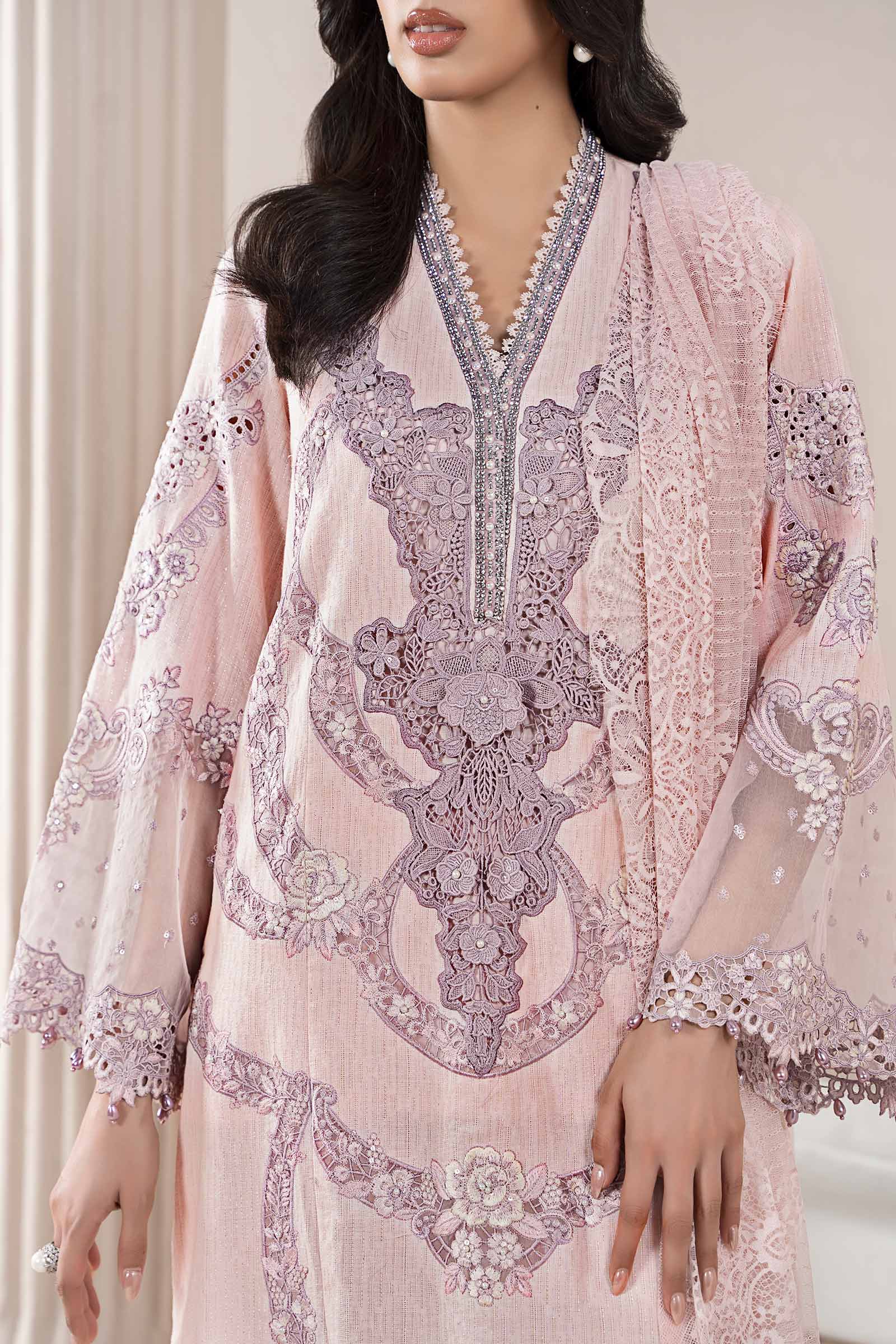 Heavy Chikankari Embroidered Blush Pink Lawn 3-Piece Suit | Khaddi Net Dupatta with Pallu