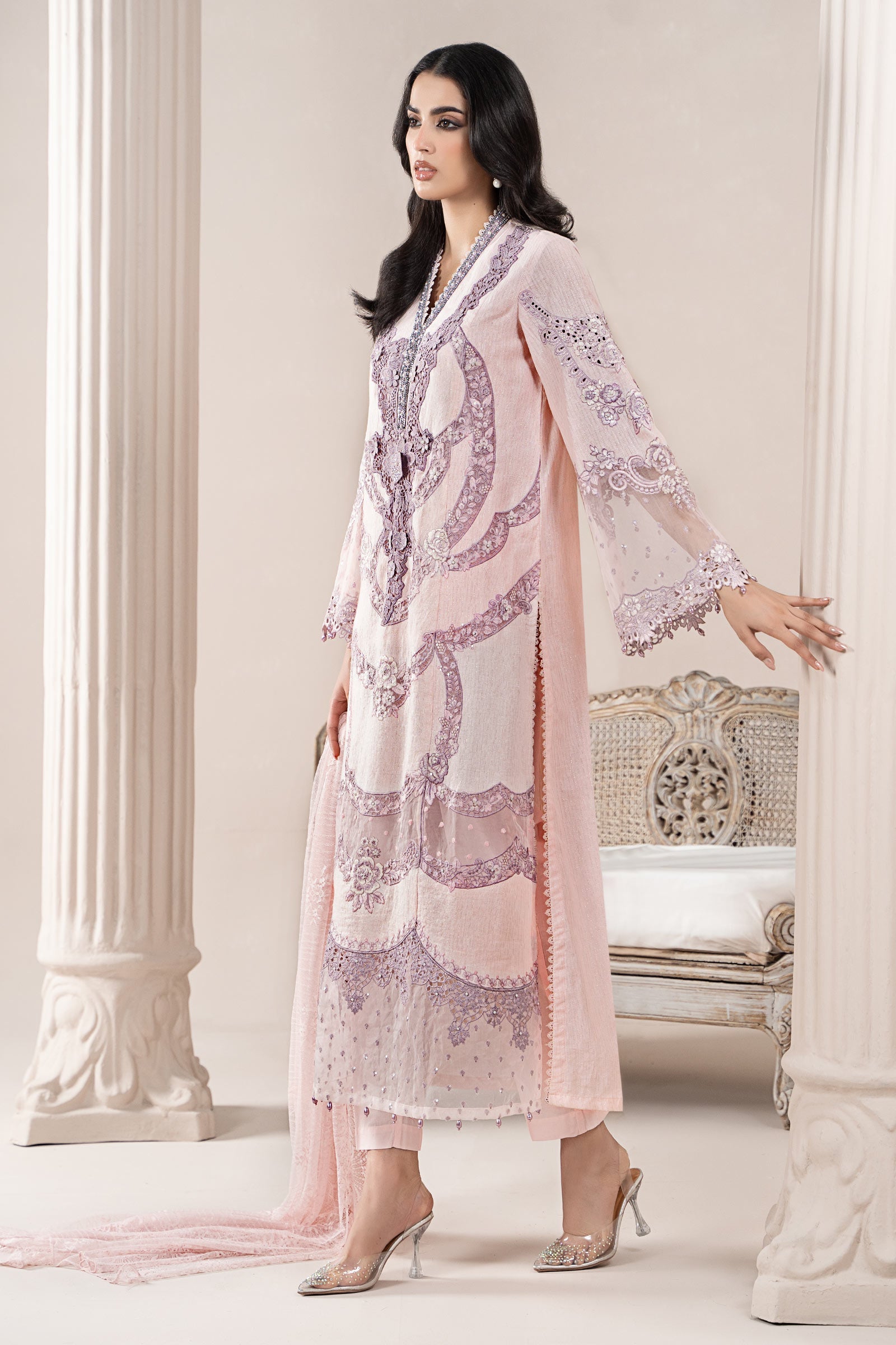 Heavy Chikankari Embroidered Blush Pink Lawn 3-Piece Suit | Khaddi Net Dupatta with Pallu