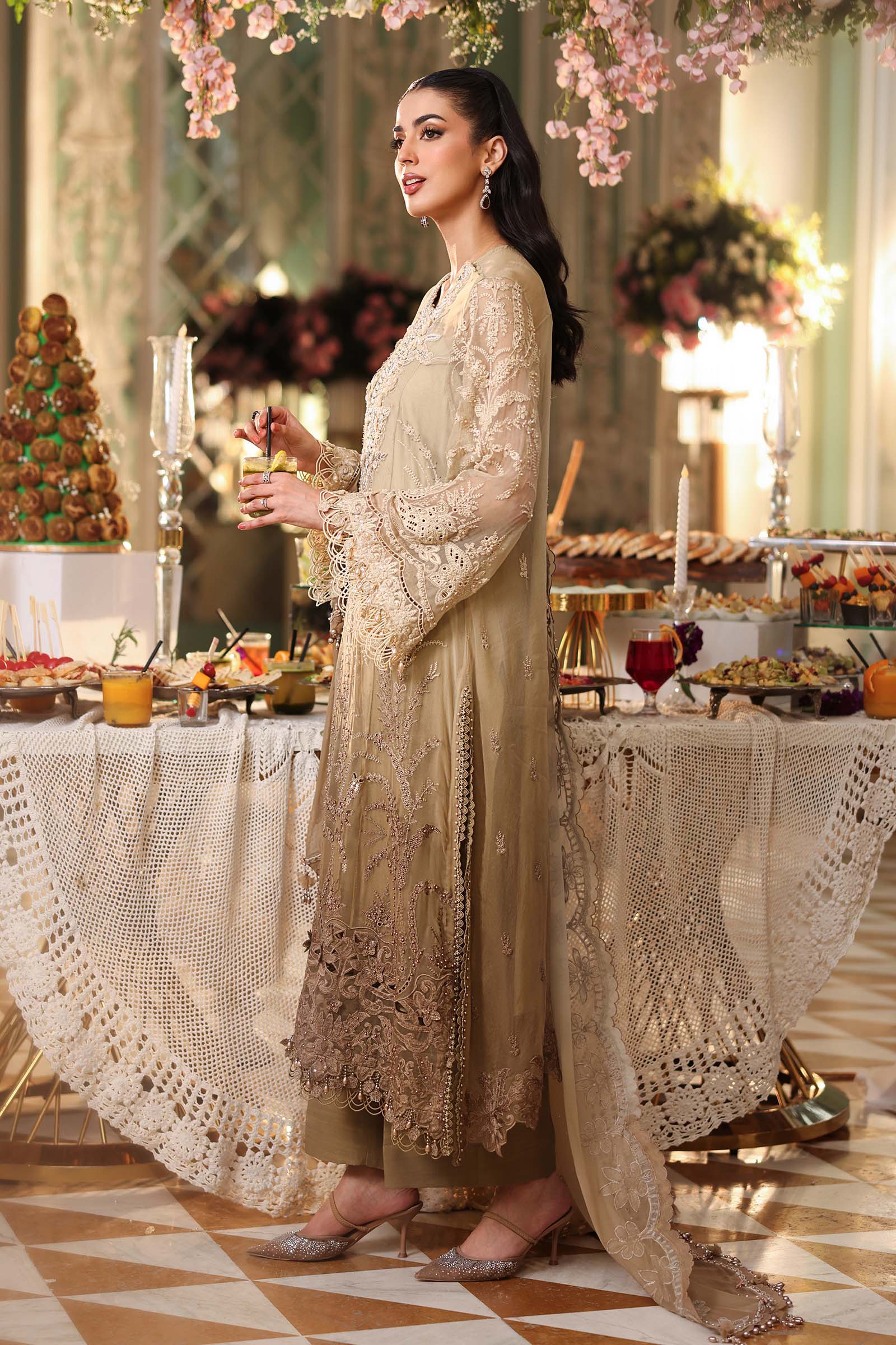 Tie and Dye Chiffon Embroidered Suit with Satin Silk Trouser | Ready to Wear