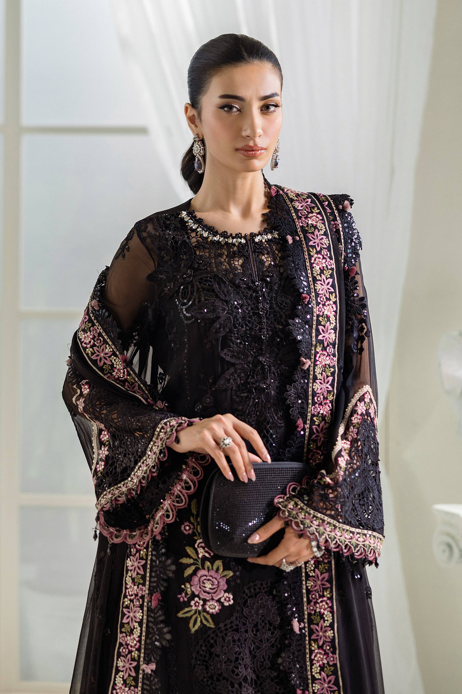 Black Embroidered Cotton Luxury Suit with Pink Floral Details | Ready to Wear