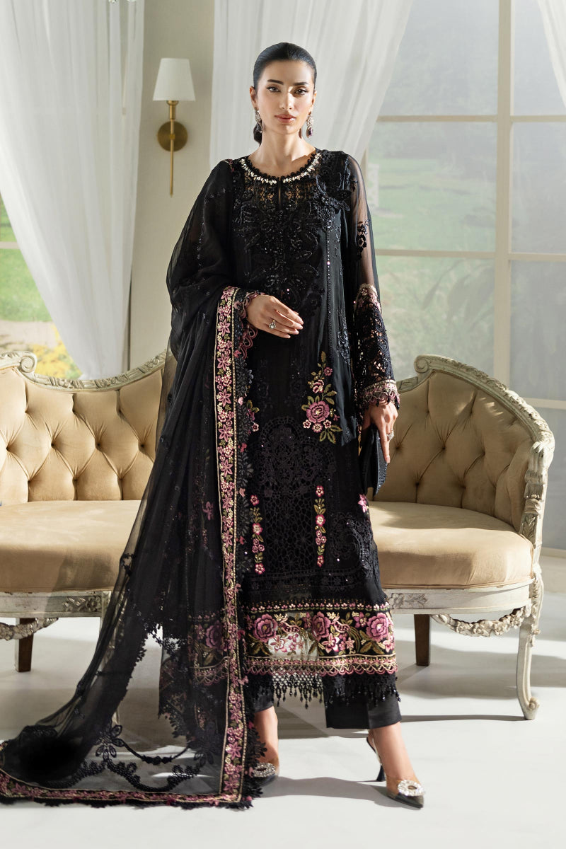 Black Embroidered Cotton Luxury Suit with Pink Floral Details | Ready to Wear